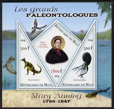 Mali 2014 Famous Paleontologists & Dinosaurs - Mary Anning perf sheetlet containing one diamond shaped & two triangular values unmounted mint, stamps on personalities, stamps on dinosaurs