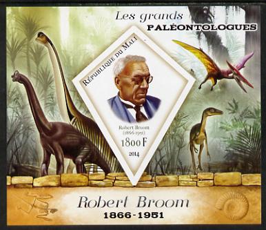 Mali 2014 Famous Paleontologists & Dinosaurs - Robert Broom imperf s/sheet containing one diamond shaped value unmounted mint, stamps on personalities, stamps on dinosaurs