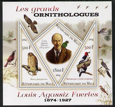 Mali 2014 Famous Ornithologists & Birds - Louis Agassiz Fuertes perf sheetlet containing one diamond shaped & two triangular values unmounted mint, stamps on personalities, stamps on birds, stamps on 
