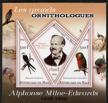 Mali 2014 Famous Ornithologists & Birds - Alphonse Milne-Edwards perf sheetlet containing one diamond shaped & two triangular values unmounted mint, stamps on personalities, stamps on birds, stamps on 