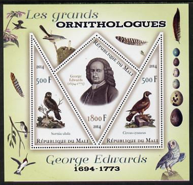 Mali 2014 Famous Ornithologists & Birds - George Edwards perf sheetlet containing one diamond shaped & two triangular values unmounted mint, stamps on personalities, stamps on birds, stamps on 