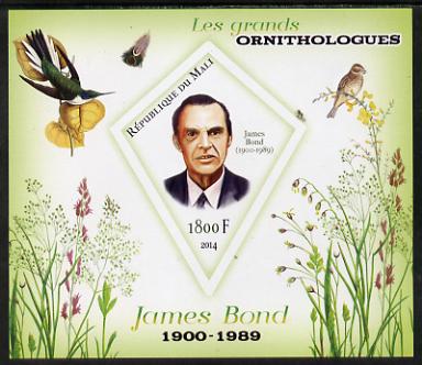 Mali 2014 Famous Ornithologists & Birds - James Bond imperf s/sheet containing one diamond shaped value unmounted mint, stamps on personalities, stamps on birds, stamps on 