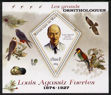 Mali 2014 Famous Ornithologists & Birds - Louis Agassiz Fuertes perf s/sheet containing one diamond shaped value unmounted mint, stamps on personalities, stamps on birds, stamps on 