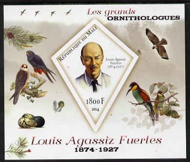 Mali 2014 Famous Ornithologists & Birds - Louis Agassiz Fuertes imperf s/sheet containing one diamond shaped value unmounted mint, stamps on personalities, stamps on birds, stamps on 