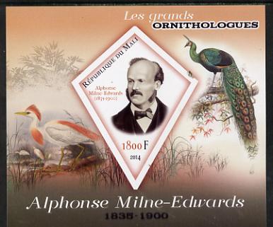 Mali 2014 Famous Ornithologists & Birds - Alphonse Milne-Edwards imperf s/sheet containing one diamond shaped value unmounted mint, stamps on personalities, stamps on birds, stamps on 