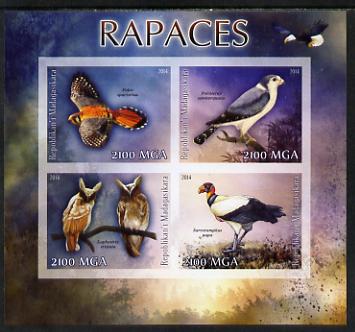 Madagascar 2014 Birds of Prey imperf sheetlet containing 4 values unmounted mint, stamps on birds, stamps on birds of prey, stamps on owls