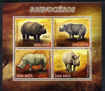 Madagascar 2014 Rhinos perf sheetlet containing 4 values unmounted mint, stamps on animals, stamps on rhinos