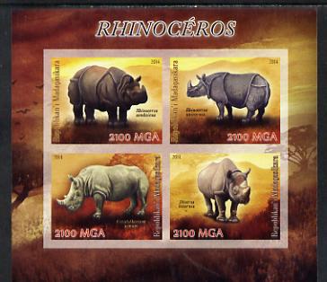 Madagascar 2014 Rhinos imperf sheetlet containing 4 values unmounted mint, stamps on animals, stamps on rhinos