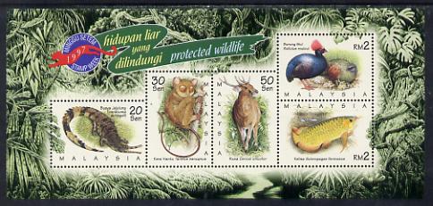 Malaysia 1997 Stamp Week - Endangered Wildlife perf sheetlet containing 5 values unmounted mint, SG MS 672, stamps on animals, stamps on postal, stamps on  wwf , stamps on birds, stamps on fish