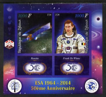 Djibouti 2014 50th Anniversary of European Space Agency - Rosetta & Frank de Winne imperf sheetlet containing 2 values plus 2 label unmounted mint, stamps on , stamps on  stamps on space, stamps on  stamps on personalities, stamps on  stamps on satellites, stamps on  stamps on  esa , stamps on  stamps on 
