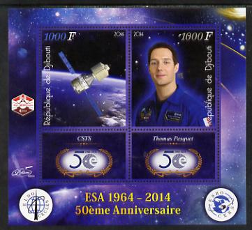 Djibouti 2014 50th Anniversary of European Space Agency - CSTS & Thomas Pesquet perf sheetlet containing 2 values plus 2 label unmounted mint, stamps on space, stamps on personalities, stamps on satellites, stamps on  esa , stamps on 