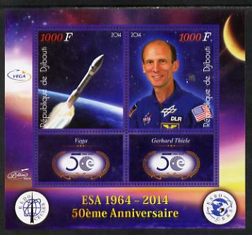 Djibouti 2014 50th Anniversary of European Space Agency - Vega & Gerhard Thiele perf sheetlet containing 2 values plus 2 label unmounted mint, stamps on space, stamps on personalities, stamps on satellites, stamps on  esa , stamps on 