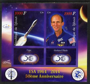 Djibouti 2014 50th Anniversary of European Space Agency - Vega & Gerhard Thiele imperf sheetlet containing 2 values plus 2 label unmounted mint, stamps on , stamps on  stamps on space, stamps on  stamps on personalities, stamps on  stamps on satellites, stamps on  stamps on  esa , stamps on  stamps on 