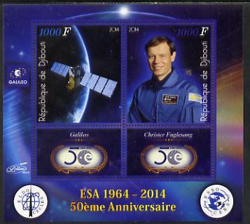 Djibouti 2014 50th Anniversary of European Space Agency - Galileo & Christer Fuglesang perf sheetlet containing 2 values plus 2 label unmounted mint, stamps on space, stamps on personalities, stamps on satellites, stamps on  esa , stamps on 