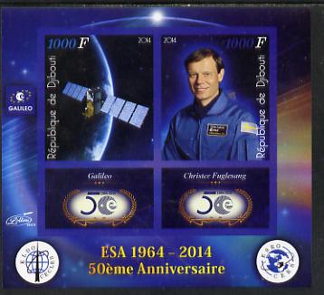 Djibouti 2014 50th Anniversary of European Space Agency - Galileo & Christer Fuglesang imperf sheetlet containing 2 values plus 2 label unmounted mint, stamps on space, stamps on personalities, stamps on satellites, stamps on  esa , stamps on 