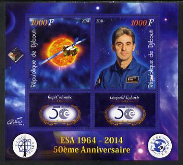 Djibouti 2014 50th Anniversary of European Space Agency - BepiColombo & Leopold Eyharts perf sheetlet containing 2 values plus 2 label unmounted mint, stamps on space, stamps on personalities, stamps on satellites, stamps on  esa , stamps on 