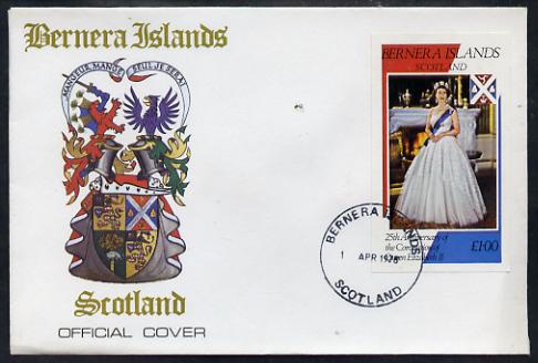 Bernera 1978 Coronation 25th Anniversary imperf souvenir sheet (\A31 value) The Queen on special cover with first day cancels, stamps on royalty, stamps on coronation, stamps on 
