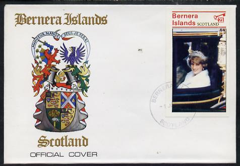 Bernera 1982 Princess Di's 21st Birthday souvenir sheet (\A31 value) on special cover with first day cancels, stamps on royalty, stamps on diana