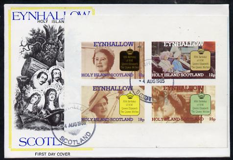 Eynhallow 1985 Life & Times of HM Queen Mother imperf sheetlet of 4 values on special cover with first day cancels, stamps on royalty, stamps on queen mother