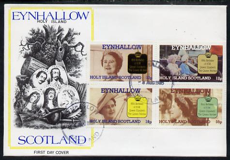 Eynhallow 1985 Life & Times of HM Queen Mother perf sheetlet of 4 values on special cover with first day cancels, stamps on royalty, stamps on queen mother