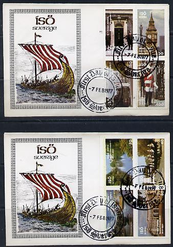 Iso - Sweden 1977 Silver Jubilee perf set of 8 values (London Scenes) on 2 special covers with first day cancels, stamps on royalty, stamps on silver jubilee, stamps on london, stamps on buses, stamps on police, stamps on fountains, stamps on  iso , stamps on 