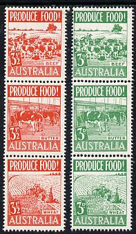 Australia 1953 Food Production set of 6 in 2 se-tenant strips unmounted mint, SG 255-60, stamps on food, stamps on bovine, stamps on agriculture
