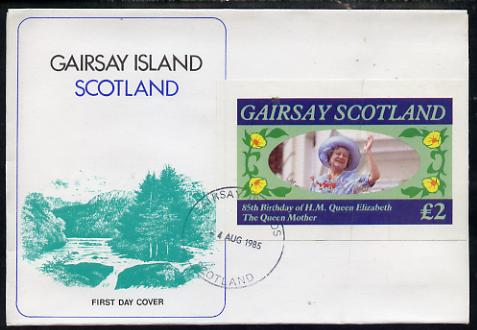 Gairsay 1985 Life & Times of HM Queen Mother imperf deluxe sheet (\A32 value) on special cover with first day cancels, stamps on royalty, stamps on queen mother