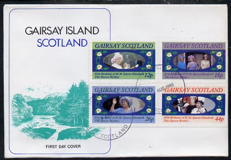 Gairsay 1980 Queen Mothers 80th Birthday perf sheetlet containing set of 4 values on special cover with first day cancels, stamps on royalty, stamps on queen mother