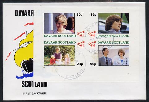 Davaar Island 1982 Princess Di's 21st Birthday imperf sheetlet containing complete set of 4 values on special cover with first day cancels, stamps on royalty, stamps on diana, stamps on charles