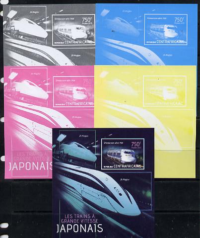 Central African Republic 2013 Japanese High Speed Trains - Shinkansen Series 700 s/sheet - the set of 5 imperf progressive proofs comprising the 4 individual colours plus all 4-colour composite, unmounted mint , stamps on railways