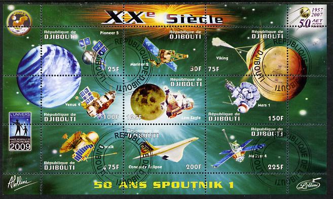 Djibouti 2009 50th Anniversary of Sputnik #01 perf sheetlet containing 9 values fine cto used, stamps on space, stamps on sputnik, stamps on satellites, stamps on aviation, stamps on concorde, stamps on planets, stamps on 