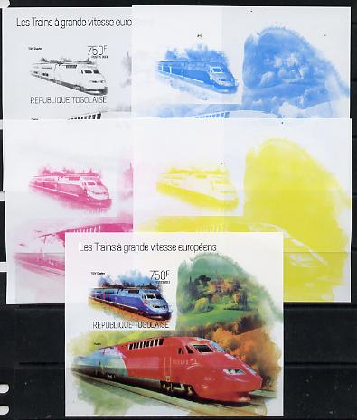 Togo 2013 European High Speed Trains - TGV Duplex s/sheet - the set of 5 imperf progressive proofs comprising the 4 individual colours plus all 4-colour composite, unmounted mint , stamps on railways