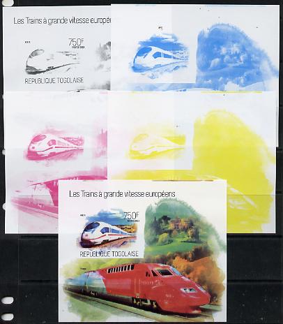 Togo 2013 European High Speed Trains - Ice 3 s/sheet - the set of 5 imperf progressive proofs comprising the 4 individual colours plus all 4-colour composite, unmounted m..., stamps on railways