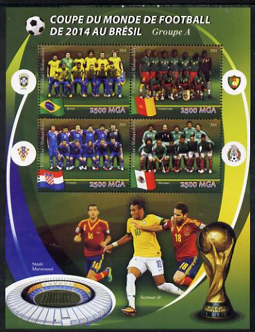 Madagascar 2014 Football World Cup in Brazil - Group A perf sheetlet containing 4 values unmounted mint, stamps on football, stamps on stadia