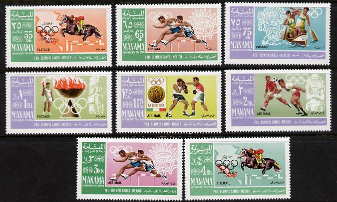 Manama 1967 Olympics perf set of 8 unmounted mint (Mi 38-45A) , stamps on sport     olympics    canoeing    hurdles    show-jumping   football   boxing     horses