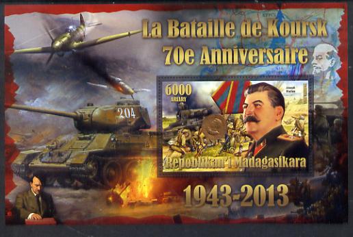 Madagascar 2014 70th Anniversary of Battle of Koursk perf souvenir sheet unmounted mint , stamps on battles, stamps on  ww2 , stamps on tanks, stamps on aviation, stamps on stalin