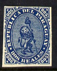 Paraguay 1870 2r light blue (Lion) imperf reprint on gummed paper mounted mint, as SG 3, stamps on cats