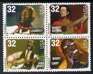 United States 1998 Folk Musicians se-tenant block of 4 unmounted mint, SG 3444a, stamps on music