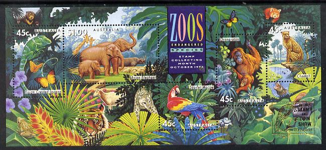 Australia 1994 Zoos m/sheet with Sydney Stamp & Coin Show logo, unmounted mint SG MS 1484, stamps on birds, stamps on zoos, stamps on parrots, stamps on cheetah, stamps on cats, stamps on animals, stamps on elephants, stamps on hippo, stamps on apes, stamps on reptiles, stamps on stamp exhibitions, stamps on  zoo , stamps on , stamps on  zoo , stamps on zoos, stamps on 