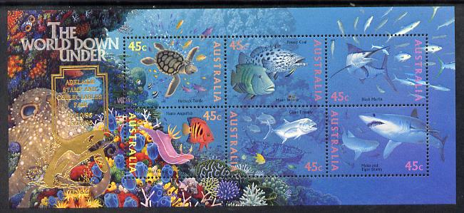 Australia 1995 Marine Life perf m/sheet overprinted for Adelaide Stamp Fair unmounted mint, as SG MS 1562, stamps on stamp exhibitions, stamps on marine life, stamps on turtles, stamps on reptiles, stamps on sharks, stamps on fish, stamps on coral, stamps on octopus