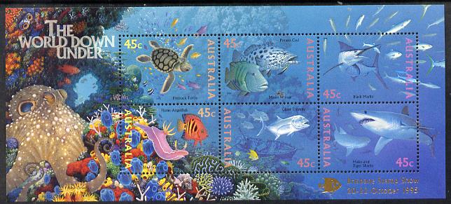 Australia 1995 Marine Life perf m/sheet overprinted for Brisbane Stamp Show unmounted mint, as SG MS 1562, stamps on stamp exhibitions, stamps on marine life, stamps on turtles, stamps on reptiles, stamps on sharks, stamps on fish, stamps on coral, stamps on octopus