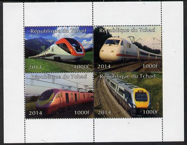 Chad 2014 High Speed Trains perf sheetlet containing 4 values unmounted mint. Note this item is privately produced and is offered purely on its thematic appeal. , stamps on railways
