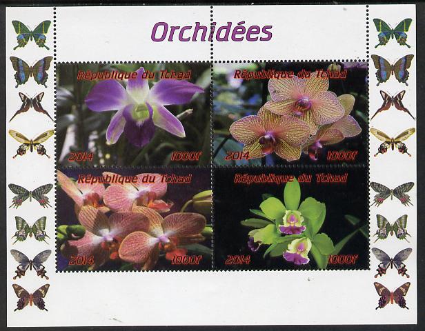 Chad 2014 Orchids #2 (with Butterflies in side margins) perf sheetlet containing 4 values unmounted mint. Note this item is privately produced and is offered purely on it..., stamps on flowers, stamps on orchids, stamps on butterfles