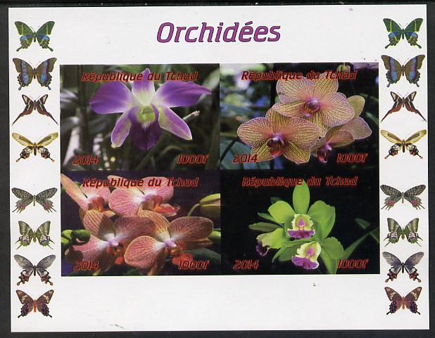 Chad 2014 Orchids #2 (with Butterflies in side margins) imperf sheetlet containing 4 values unmounted mint. Note this item is privately produced and is offered purely on its thematic appeal. , stamps on , stamps on  stamps on flowers, stamps on  stamps on orchids, stamps on  stamps on butterfles