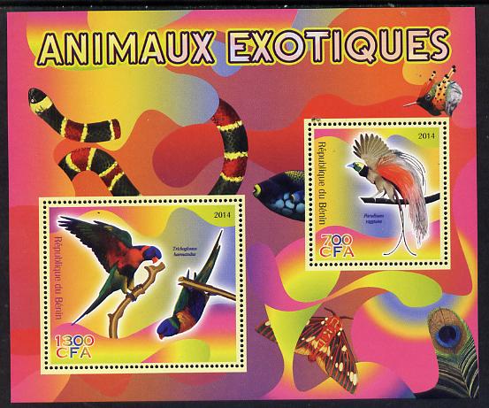 Benin 2014 Exotic Animals - Bird of Paradise & Lorikeet perf sheetlet containing 2 values unmounted mint , stamps on birds, stamps on bird of paradise, stamps on parrots, stamps on snakes