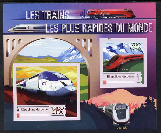 Benin 2014 High Speed Trains imperf sheetlet containing 2 values unmounted mint , stamps on railways, stamps on bridges