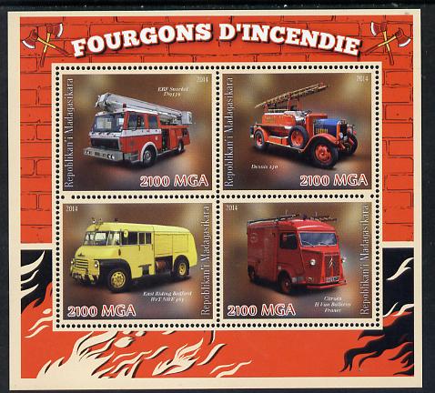 Madagascar 2014 Fire Trucks perf sheetlet containing 4 values unmounted mint , stamps on fire, stamps on trucks
