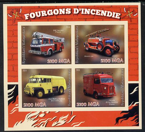 Madagascar 2014 Fire Trucks imperf sheetlet containing 4 values unmounted mint , stamps on fire, stamps on trucks