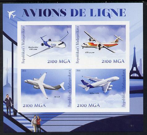Madagascar 2014 Airliners imperf sheetlet containing 4 values unmounted mint , stamps on , stamps on  stamps on aviation