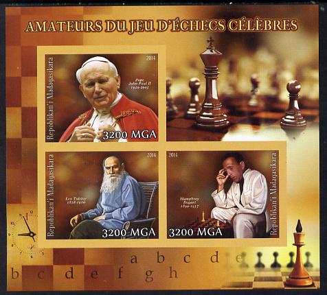Madagascar 2014 Celebrity Chess Players #2 imperf sheetlet containing 3 values unmounted mint , stamps on personalities, stamps on chess, stamps on popes, stamps on john paul, stamps on films, stamps on literature, stamps on cinema